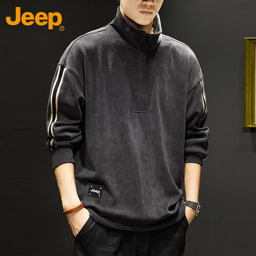 JEEP Jeep sweatshirt men's spring and autumn corduroy thickened warm loose long-sleeved T-shirt zipper men's dark gray XL
