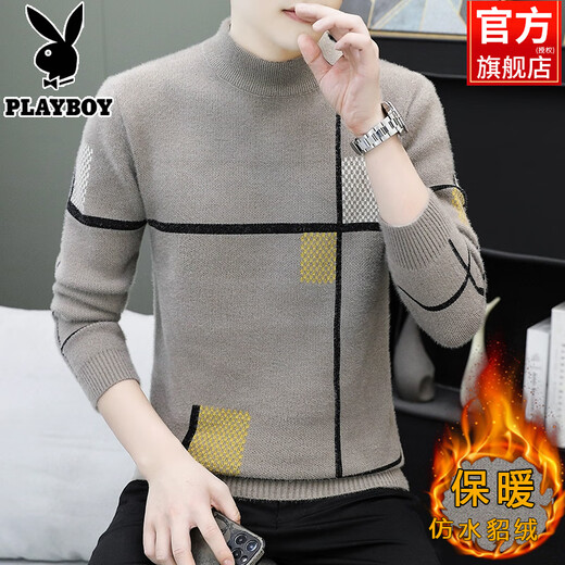 Playboy (PLAYBOY) 2025 Sweater Men's Autumn and Winter Imitation Mink Velvet Plus Velvet Thickened Half Turtle Collar Knitted Bottoming Shirt for Men YHL-9208 Khaki 2XL
