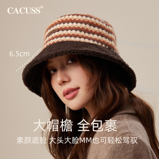CACUSS Hat Women's Winter Warm Fisherman Hat Big Head Circumference Showing Face Small Basin Hat Retro Plaid Teddy Velvet Hat Coffee Color