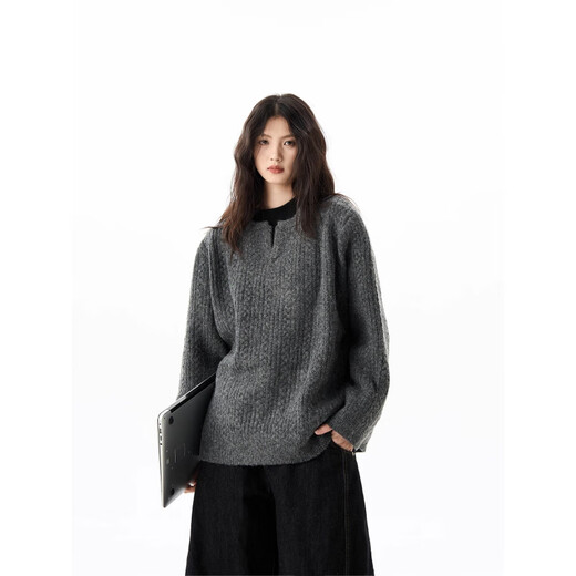 Leolite American retro twist design sweater men's lazy high-end Henry collar loose pullover sweater dark gray S