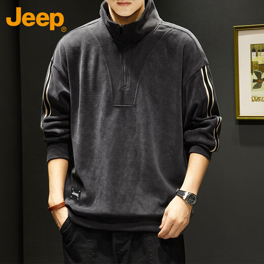 JEEP Jeep sweatshirt men's spring and autumn corduroy thickened warm loose long-sleeved T-shirt zipper men's dark gray XL