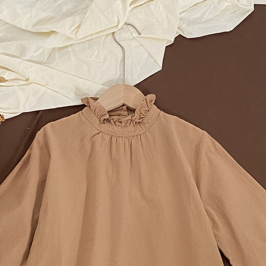 New girls' autumn shirt solid color foreign style fungus collar top spring and autumn children's shirt pure cotton long sleeve Korean khaki 140