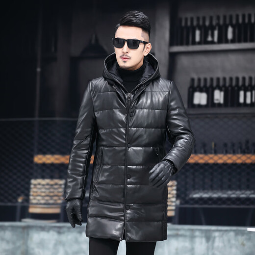 Matchstick Winter New Haining Leather Clothes Men's Medium Long Removable Hooded Slim Korean Style Leather Coat Casual Jacket Black M