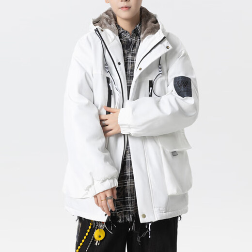 Teenage men's trendy autumn and winter workwear windproof jacket loose hooded jacket plus velvet thickened parka beige 4XL 195 size 180-200Jin Jin equals 0.5 kg