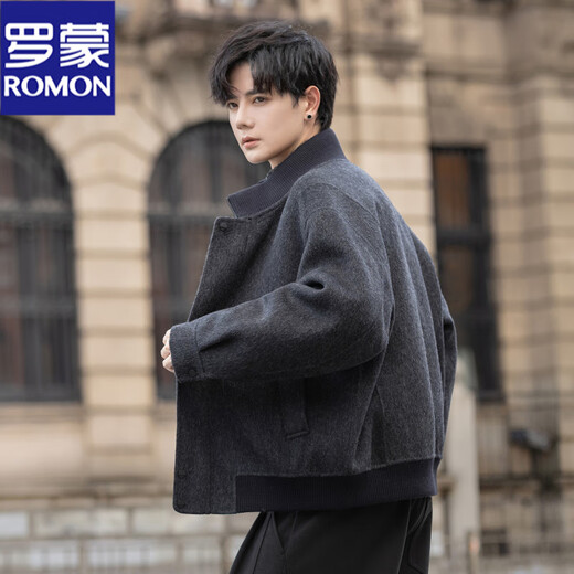 ROMON stand collar woolen coat men's 2026 new double-sided woolen woolen coat short loose zipper jacket top black gray M