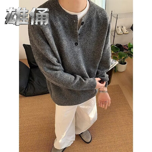 Male figure gray henley collar sweater men's autumn and winter trendy brand lazy style knitted sweater cleanfit bottoming shirt GT6 light gray regular XL
