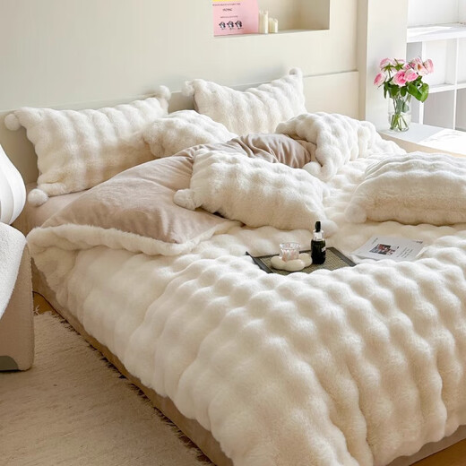 Lady Laura Fuana winter rabbit plush four-piece set thickened double-sided velvet bed sheet quilt cover home fitted sheet quilt cover warm bed light luxury-bean paste thickened warm fast heating sheet style 1.8m four-piece set-quilt cover 200*230cm