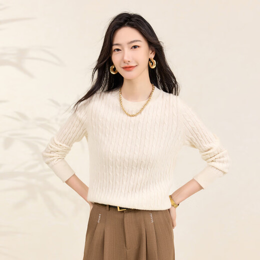 Chunzhu Cashmere 2025 Autumn and Winter Round Neck Cable Warm Age-Reducing Comfortable Sweater Women's High-End Cashmere Sweater Hutt White M (90-110Jin Jin is equal to 0.5kg)