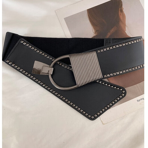 Tokishima wide belt decoration women's black girdle retro belt rivets high-end skirt sweater waist belt jeans black 75*6cm