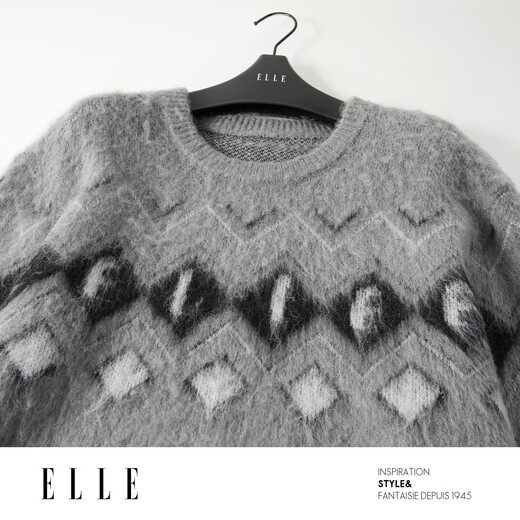 ELLE sheep wool mohair retro jacquard sweater for women 2025 winter new loose lazy sweater medium gray L