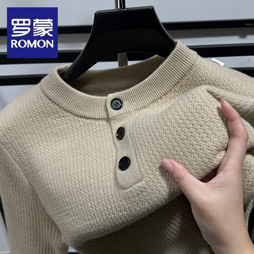 ROMON high-end one-piece velvet Henry collar plus velvet thickened long-sleeved sweater for men winter round neck warm knitted bottoming shirt solid color gray M