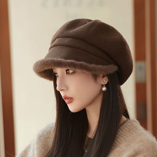 Autumn and winter beret women's velvet warm ear protection small head circumference octagonal hat Korean version versatile fashion plush peaked cap beige
