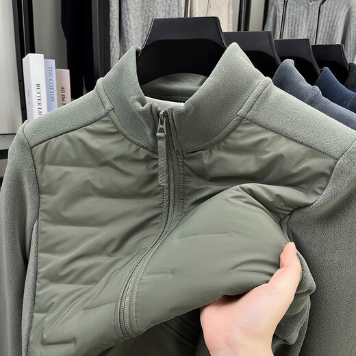 JINBA down jacket men's jacket winter spliced stand collar middle-aged and elderly men thickened warm casual versatile top base military green XL