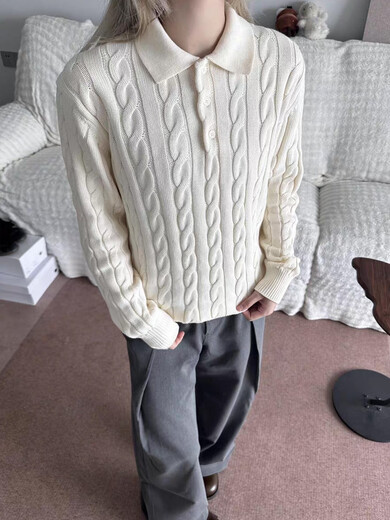 Yingtang American retro cable Polo lapel sweater for men in autumn old money style cleanfit henley collar sweater white upgraded style L (suitable) 115-130 Jin Jin equals 0.5 kg one size