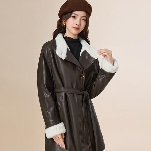 IEF/Aiyifu 2025 winter new style French retro style plus velvet warm commuting temperament shiny leather medium jacket coffee one size