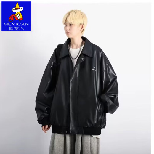 High quality black pu leather jacket men's autumn and winter velvet American style motorcycle jacket black velvet 3XL