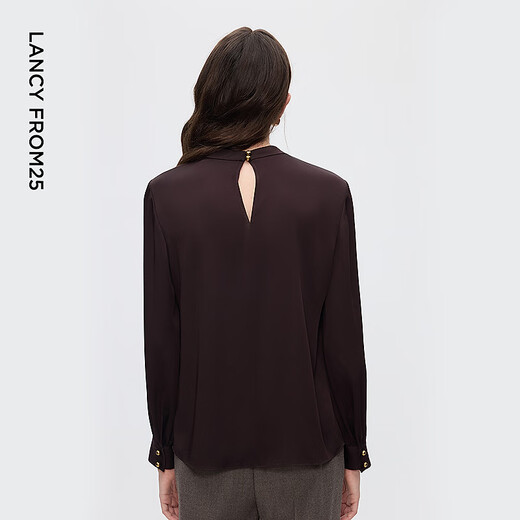 Langzi Pinch-pleat Hollow Design Shirt Fashionable Drape Commuting Metal Button Shirt 2025 Winter New Style Chocolate Color 2 L