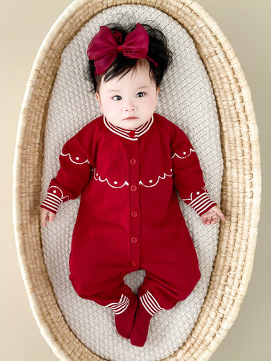 WONST baby clothes, autumn and winter knitted jumpsuit, baby girl one month old, red sweater for one hundred days, burgundy jumpsuit, model headband and socks not included, 59cm #recommendation 5-10Jin Jin is equal to about 0.5kg#