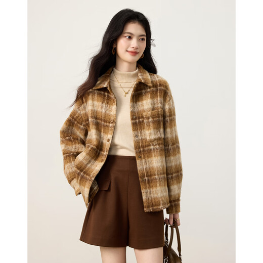 Shangjing shirt women's 25th winter new women's Korean style lazy style woolen material thickened color block plaid loose shirt women's tops