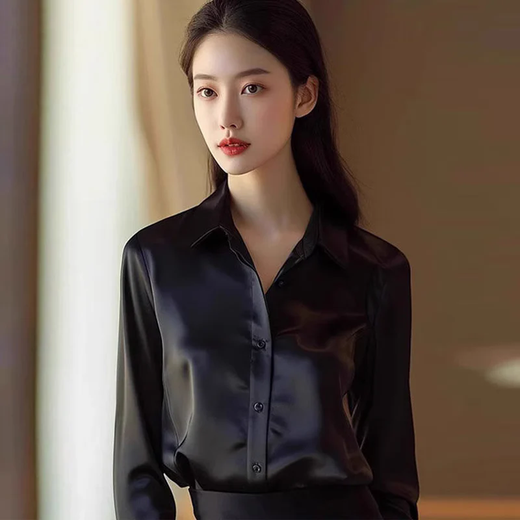 French satin chic shirt for women 2026 spring and autumn new high-end drape long-sleeved temperament professional shirt top 7518 black exposed button long sleeves high-quality satin L Recommended 110-125 Jin Jin equals 0.5 kg