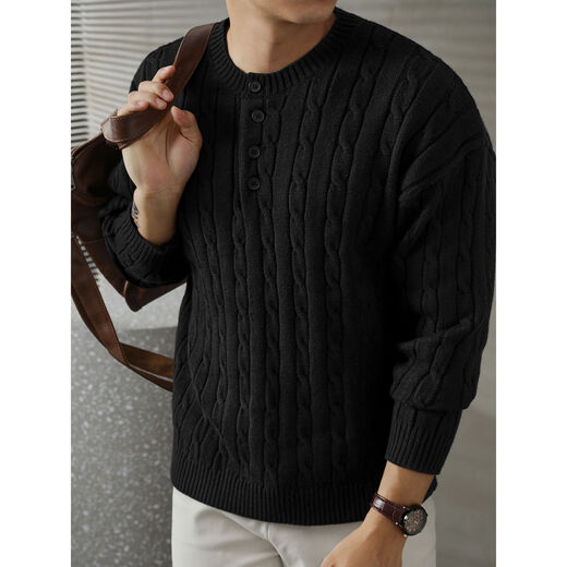 LUUD light luxury Henley collar black sweater men's twist texture high elastic core-spun yarn sweater black S S95-110Jin Jin equals 0.5 kg