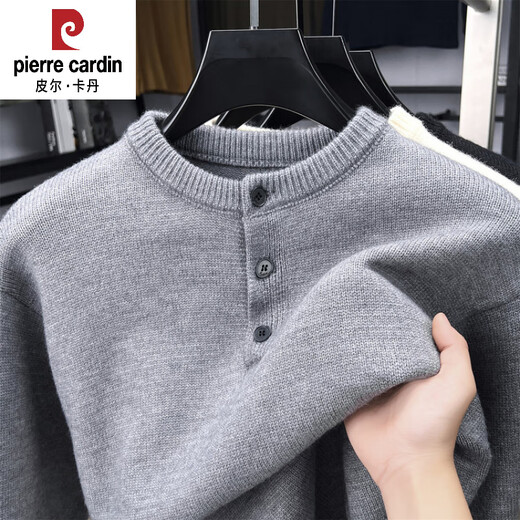 Pierre Cardin Henry collar sweater T-shirt men's long-sleeved autumn new jacquard inner layering shirt three-button round neck men's wool T-shirt black M 105