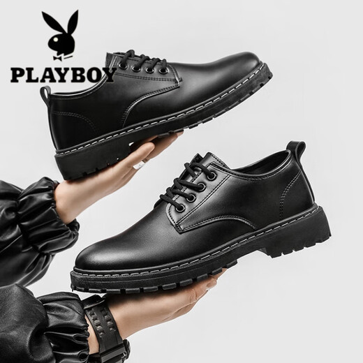 Playboy Autumn Business Leather Shoes Men's Formal Korean Style Trendy Breathable British Business Casual Shoes Thick Sole Round Toe Suit Trendy Shoes Black 1 41