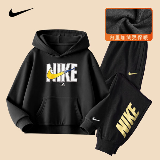 NIKE Nike children's hooded suit plus velvet 2025 new autumn and winter cotton two-piece youth sweatshirt for boys and girls, black 2233, velvet and thickened style, high weight 160/L, recommended height 152-158cm NIKE Nike children's hooded suit plus velvet 2025 new autumn and winter cotton two-piece youth sweatshirt for boys and girls, black 2233, velvet and thickened style, high weight 160/L, recommended height 152-158cm