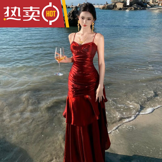 Shantou Lincun red ruffled fishing skirt high-end mermaid ruffled slim suspender dress birthday cocktail dress long red S