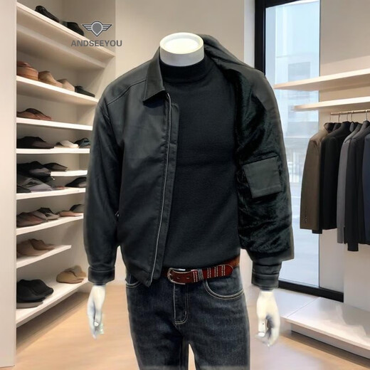 ANDSEEYOU trendy brand men's fleece leather jacket 2025 autumn and winter new fashion youth PU leather jacket trendy and handsome top black L