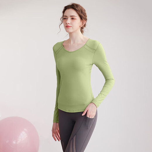 Sporn yoga clothing long-sleeved autumn and winter women's Pilates top with breast pads for outer wear, temperament and slimming suit, high-end fat mm to cover the flesh, bean green top (with breast pads) + gray trousers suit S (80-90Jin Jin is equal to 0.5 kg)