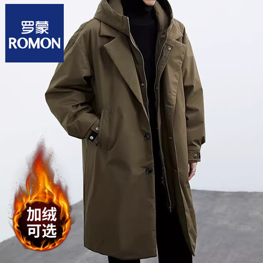 ROMON 2025 Autumn and Winter New Men's Green Coat Men's Jacket Fake Two-Piece Hooded Mid-Length Wind Clothes Trendy Texture Military Green Spring and Autumn/Windbreaker/Jacket/Over the Knee M Recommended 85-105Jin Jin is equal to 0.5 kg