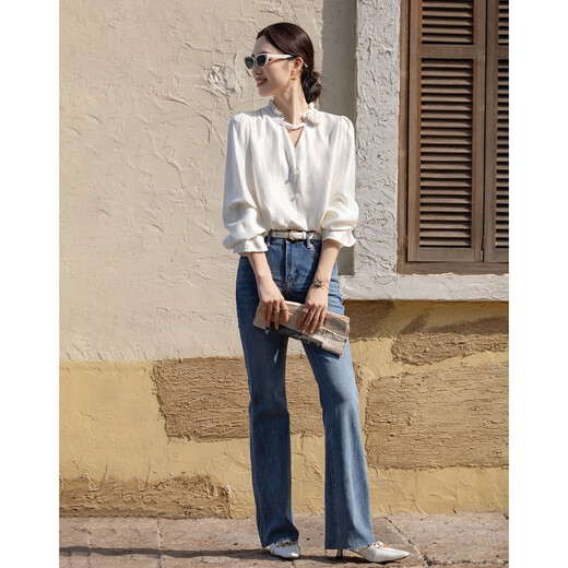 Demana shiny silk autumn temperament V-shaped flower decoration small stand-up collar shirt puff sleeve shirt women's top