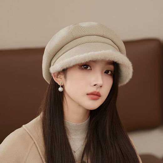 Autumn and winter beret women's velvet warm ear protection small head circumference octagonal hat Korean version versatile fashion plush peaked cap beige
