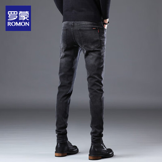 ROMON 2025 Autumn and Winter New High-end Jeans Men's Business Slim Small Feet High-End Stretch Versatile Casual Pants Men's 1048 Black 36