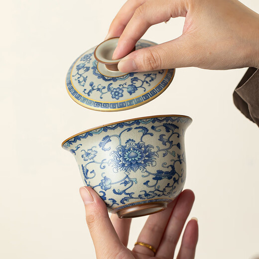 Fantu Ru Kiln Kung Fu Tea Set Hover Cover Bowl Xi Shi Complete Set of Tea Cups and Teapots Light Luxury High-end Master Class Gift Box Fu Xi Shi Pot Blue and White Lotus-Bell Cup Large Set 30 Pieces