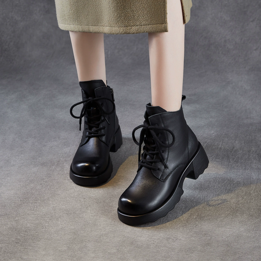 Medini Martin short boots for women 2026 spring new style genuine leather retro thick sole British thick heel light luxury heightening niche leather boots coffee color main recommendation plus velvet 37 (235mm) domestic standard leather shoe size