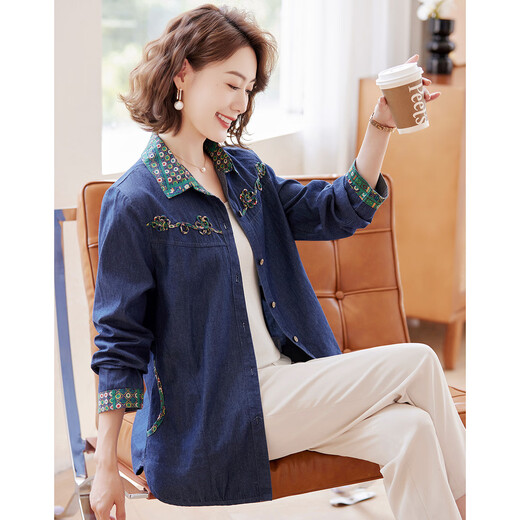 Paste denim shirt 2025 autumn new embroidered lapel middle-aged and elderly women's casual shirt navy blue 2XL
