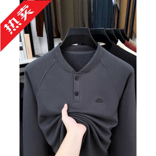 GOLDLION G+ German velvet two-button Henry collar sweatshirt men's autumn and winter new casual pullover loose long-sleeved bottoming shirt Khaki M (recommended 95-110Jin Jin equals 0.5 kg)