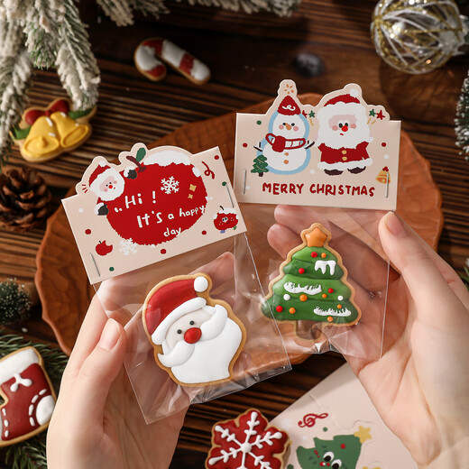 Bad Fox Christmas Cookie Packaging Bag Card Transparent Cookie Snowflake Crispy Glutinous Rice Boat Candy Snack Packing Bag 100 Sets Apple Bear + Flat Pocket
