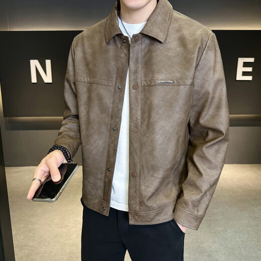 FUGUINIAO leather jacket for men spring and autumn 2025 new trendy lapel, versatile, handsome, casual, simple men's jacket, coffee color 2XL