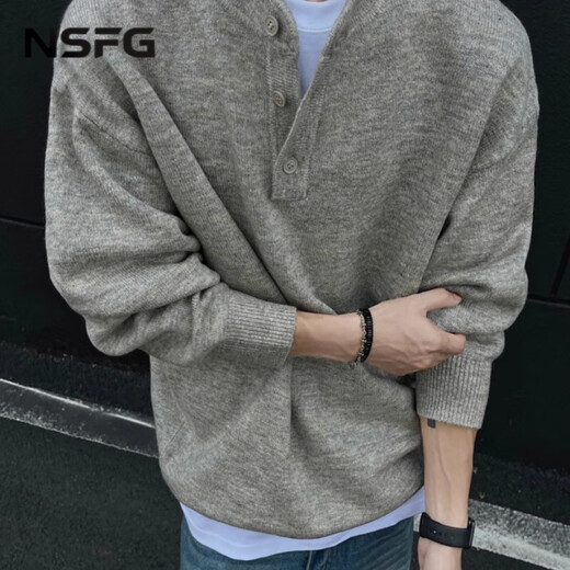NSFG American retro Henry collar sweater men's autumn and winter men's casual lazy style sweater men's solid color sweater dark gray M (85-100Jin Jin equals 0.5 kg)