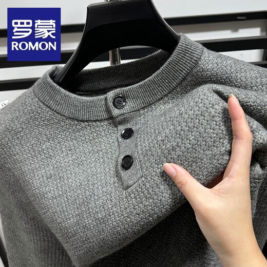 ROMON high-end one-piece velvet Henry collar plus velvet thickened long-sleeved sweater for men winter round neck warm knitted bottoming shirt solid color gray M