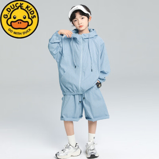 G.DUCKKIDS Boys Summer Wear Simple Western Style Sun Protection Clothing Set 2025 New Medium and Large Children Thin Style Children Fashionable Handsome Sports Blue 150 cm