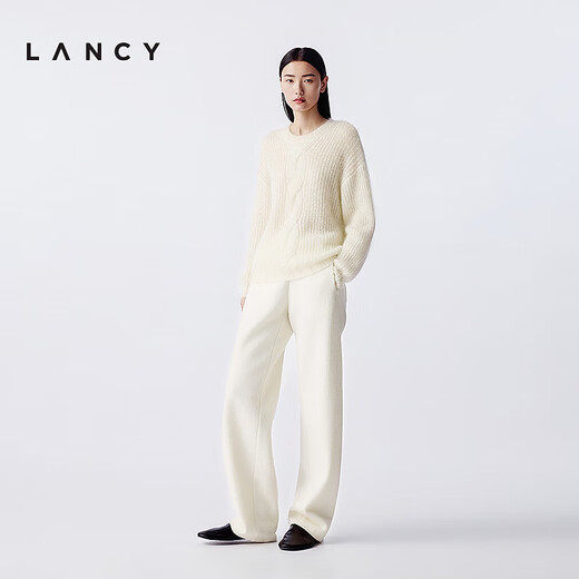 LANCY mohair silk 25 winter new relaxed cable knit sweater women's round neck off-shoulder sweater off-white 2XL