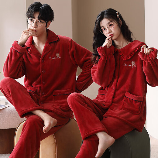 Fenton Pajamas Wedding Newlyweds Couple Set Red Winter Coral Velvet Men's and Women's Exquisite Autumn and Winter Flannel Couple Pajamas MX6620 Female 2XL
