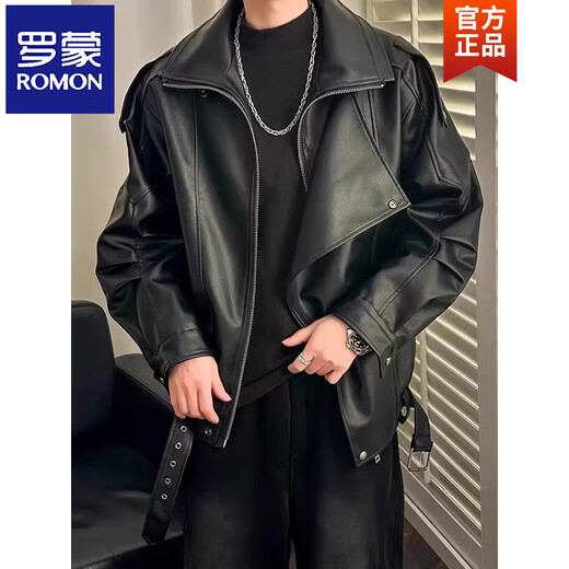 ROMON velvet thickened PU leather jacket men's autumn and winter plush jacket Korean style light mature style loose cotton jacket W88 black velvet M