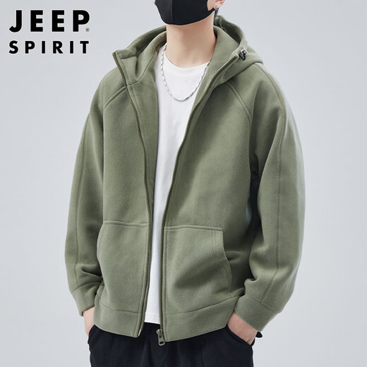 JEEP SPIRIT Jeep Polar Fleece Hooded Jacket Men's Autumn and Winter Cardigan Sweater Jacket Men's Thickened Top Bean Green XL