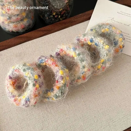 Colorful wool knitted hair tie, high elasticity and durability, towel ring, thick rubber band, women's hair tie, autumn and winter headband, W ponytail colorful dot hair tie, mixed color (set of 5)