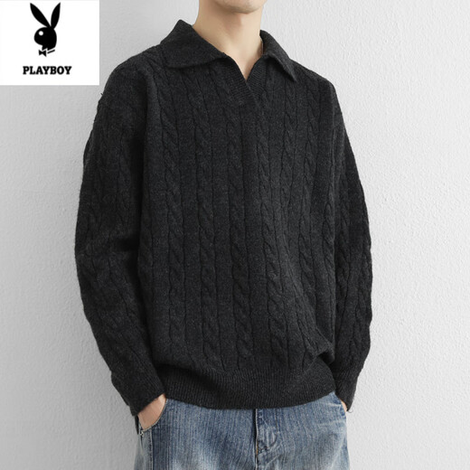 Playboy (PLAYBOY) twist long-sleeved sweater men's autumn and winter lazy style Henry collar American retro knitted versatile POLO shirt men's black M